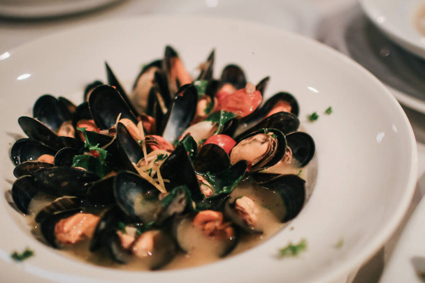 Delicious healthy blue mussels in cream wine sauce. Italian traditional dinner food concept. - Photo, image