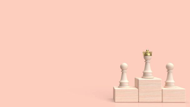 Деревянные шахматы и золотая корона для бизнес-концепции 3D рендеринга - Фото, изображение