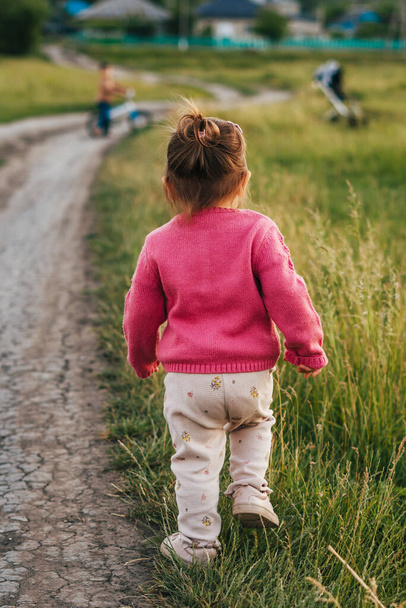 Back view of a baby girl walking on a country road. People lifestyle concept. Childhood concept. Healthy lifestyle. Summer vacation. - Φωτογραφία, εικόνα