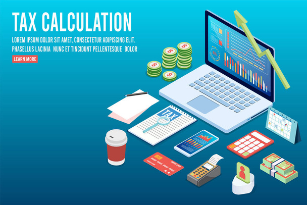 3D isometric Tax calcultion concept with State Government taxation, calculation of tax return, Financial Tax Report. Vector illustration eps10 - Vecteur, image