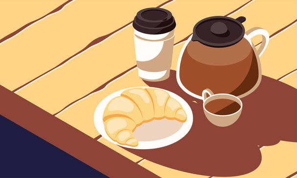 coffee and croissant in table - Vector, imagen