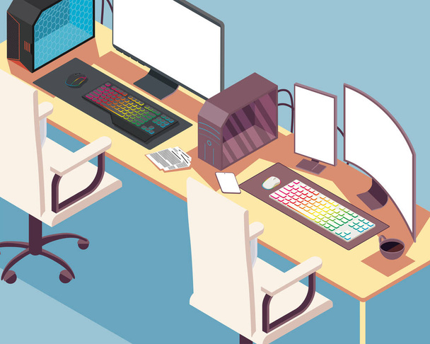 isometric desktops in workplace scene - Vector, Imagen