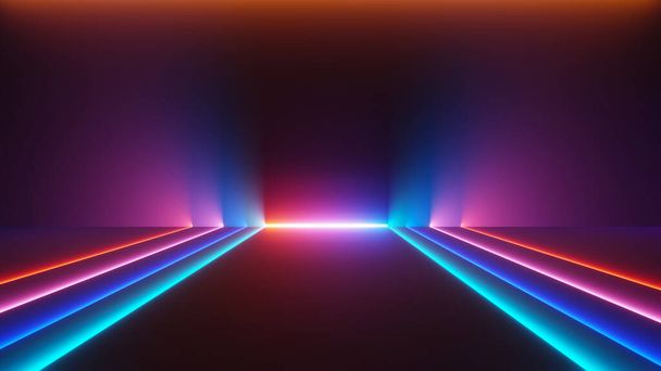 3d render of illuminated neon and light glowing on dark scene. Speed light moving lines. Abstract simple Colorful lighting neon background. - Foto, Imagem