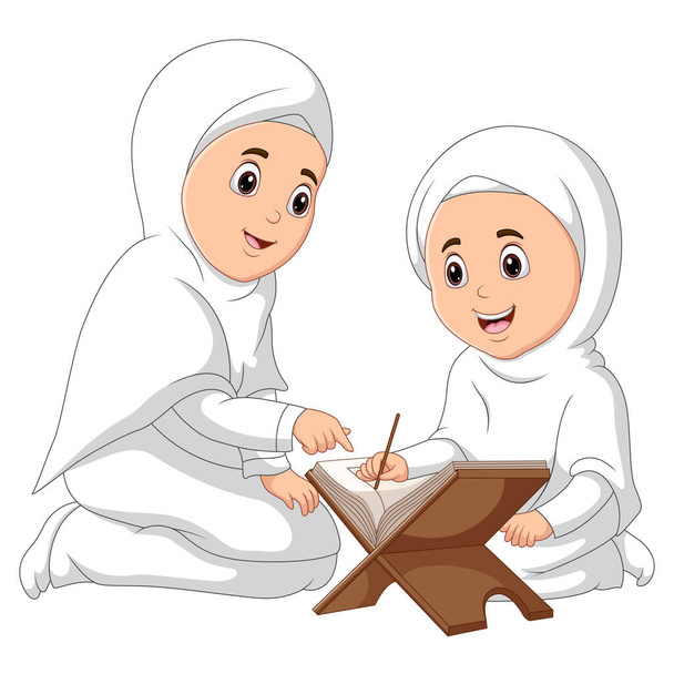 Muslim woman teaching his daughter read Quran - Vector, Imagen
