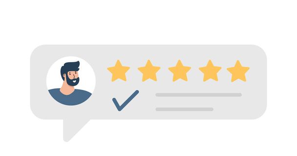 Man satisfied customer give rating 5 stars. People feedback vector illustration by giving 5 star rating. Flat online shopping with give 5 rating and review. - Vector, imagen
