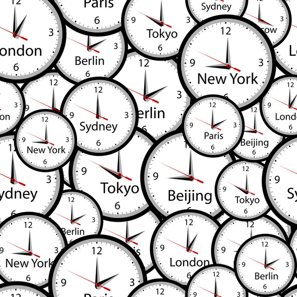 Απρόσκοπτη μοτίβο με ρολόγια τοίχου και το χρόνο σε διάφορες πόλεις - Διάνυσμα, εικόνα