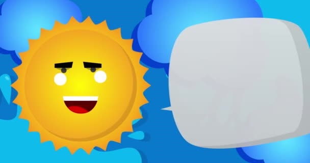 Summer sun saying New Product Arrival word with speech bubble on blue sky. Simple animation of a bright orange sunlight. - Felvétel, videó