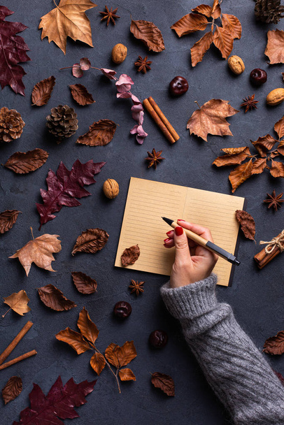Autumn fall thanksgiving day composition with decorative dried leaves. Female hands writing in notebook. Flat lay, view from above, still life seasonal background for greeting card, copy space - Foto, Imagem