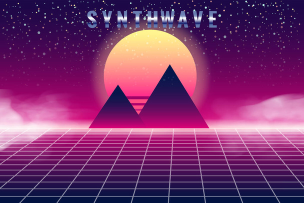 Synthwave retro banner vaporwave ecthetic background Піраміди сітка 3d, захід сонця на 80 сек у зворотному напрямку. Векторна ілюстрація футуристична - Вектор, зображення