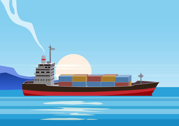 Кораблекрушение грузового судна в океане, судно, идущее под водой и грузовые контейнеры. Катастрофа морского транспорта, иллюстрация мультипликационного вектора - Вектор,изображение