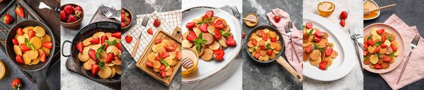 Collage with sweet mini pancakes and strawberry  - Zdjęcie, obraz