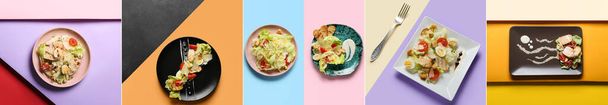 Collage with tasty Caesar salad on color background, top view - 写真・画像