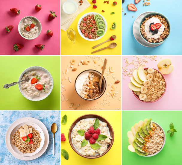 Collection of bowls with sweet oatmeal on color background, top view - Foto, Imagem