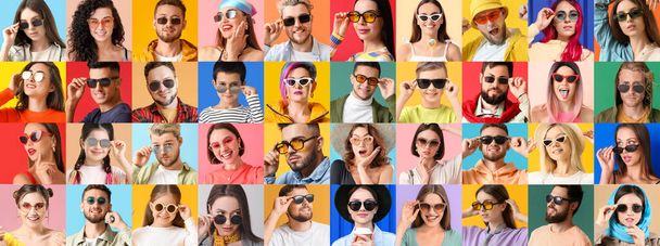 Group of different people in stylish sunglasses on color background - Foto, Bild