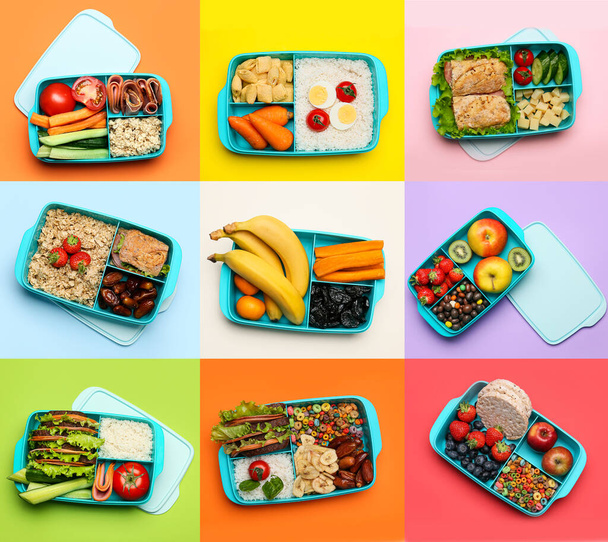 Κολάζ από κουτιά γεύμα με φρέσκο φαγητό στο φόντο χρώμα, top view - Φωτογραφία, εικόνα