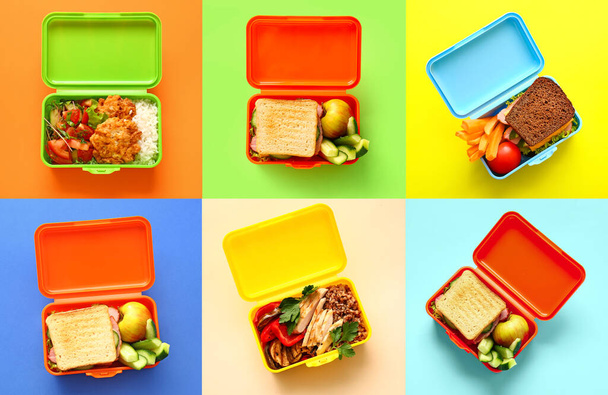 Collage of lunch boxes with healthy food on color background, top view - Fotó, kép