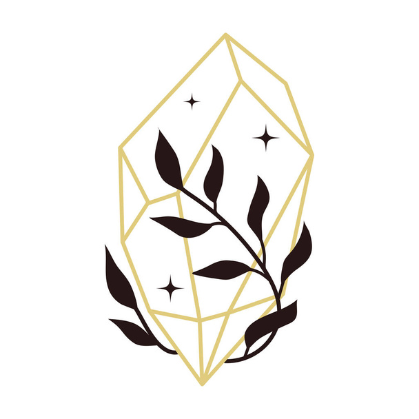 Gold line mystic crystal with leaves and stars. Pressures gemstone with botanical floral decor. Boho linear vector isolated on white background. - Vecteur, image