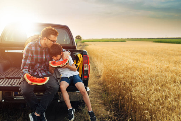 father and son sits on truck of car and eating watermelon. they are outdoor in wheat field - Φωτογραφία, εικόνα