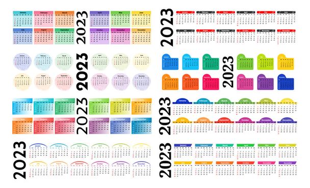 Σύνολο οκτώ οριζόντιων ημερολογίων για το 2023 που απομονώνονται σε λευκό φόντο. Από Κυριακή σε Δευτέρα, επιχειρηματικό μοντέλο. Εικονογράφηση διανύσματος - Διάνυσμα, εικόνα