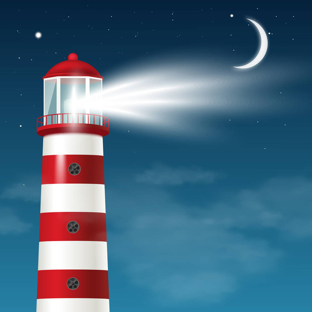 Lighthouse tower emitting powerful light in night sky, realistic vector illustration. Template of banner or marine poster with lighthouse or beacon in moonlight. - Vecteur, image