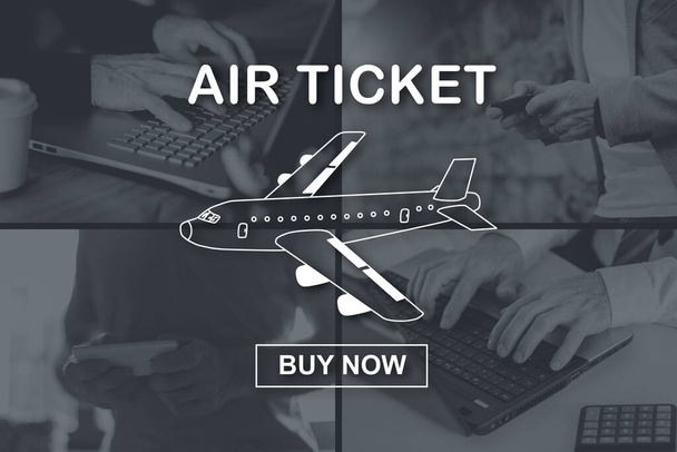 Air ticket booking concept illustrated by pictures on background - Photo, Image