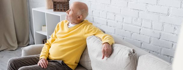 Side view of grey haired man sitting on couch in living room, banner  - Foto, Bild
