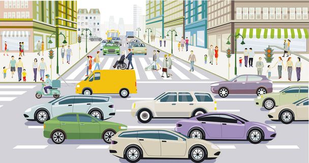 Silhouette della città con traffico stradale e persone sul marciapiede illustrazione - Vettoriali, immagini