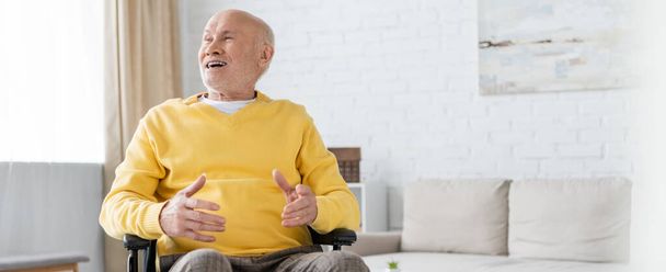 Χαρούμενος ηλικιωμένος που κάθεται σε αναπηρική καρέκλα στο σαλόνι, πανό  - Φωτογραφία, εικόνα