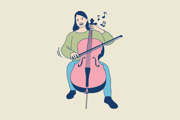 Иллюстрации молодого красивого музыканта, играющего на виолончели на открытом воздухе - Вектор,изображение