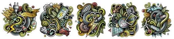 Electric Cars cartoon raster doodle designs set. Colorful detailed compositions with lot of eco transport objects and symbols. Isolated on white illustrations - Zdjęcie, obraz