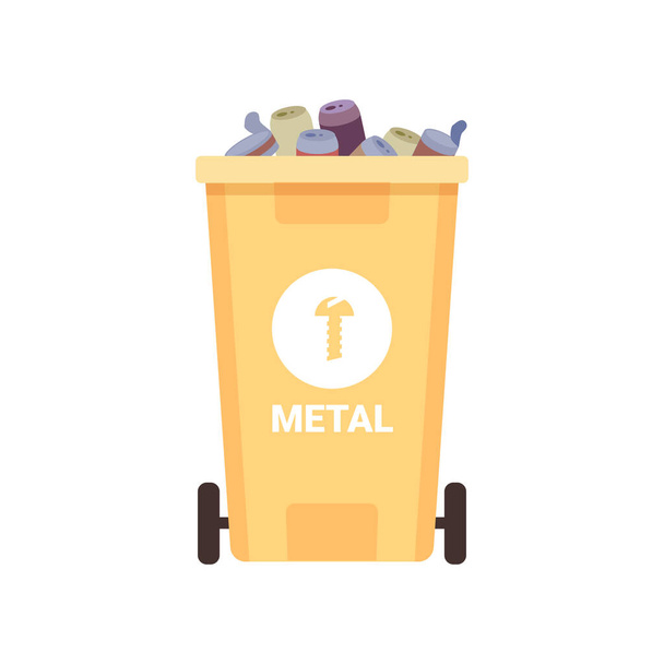 Waste bin for sorting and separating metal, flat cartoon dustbin on wheels. Vector separation of garbage into container. Metal bins recycling and sorting steel and iron cans - Vector, imagen