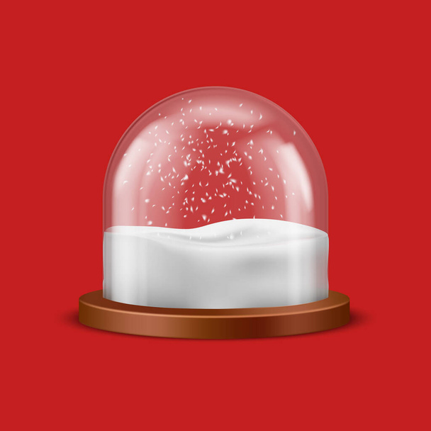 Рождественский сувенирный стеклянный мяч со снежинками. Векторная иллюстрация 3D реалистичной сферы купола, шара из снежного шара круглой формы цилиндра, декоративная круглая игрушка Xmas, прозрачный стеклянный купол - Вектор,изображение