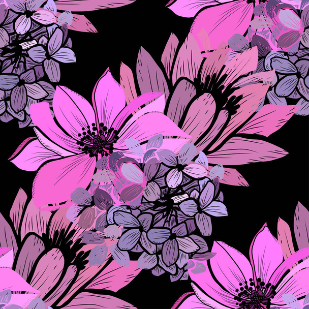 Elegant seamless pattern with anemone, lotus, lilac flowers, design elements. Floral  pattern for invitations, cards, print, gift wrap, manufacturing, textile, fabric, wallpapers - Vector, Imagen