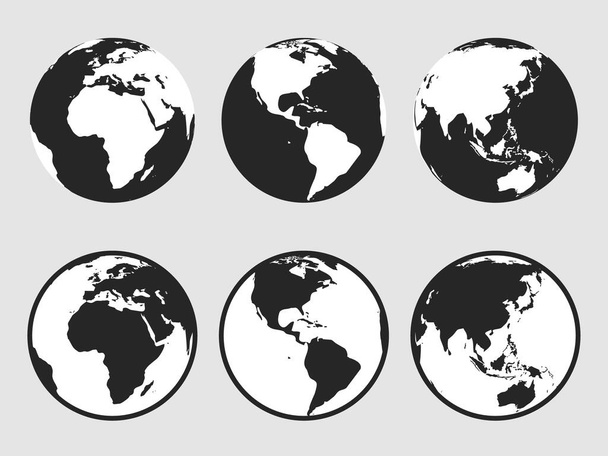 Realistic simple gray world map illustration in globe shape isolated on background. Vector icon set of globes of earth - Vettoriali, immagini
