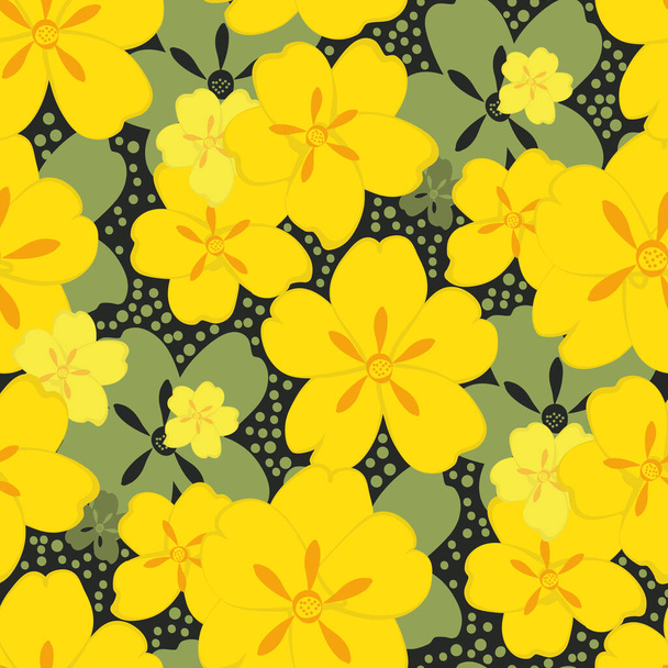 Buttercup vector seamless pattern background. Hand-drawn yellow green floral repeat on dotted backdrop. Perennial herbaceous garden flower scattered design.All over print for packaging, spring, kids - Vektor, Bild