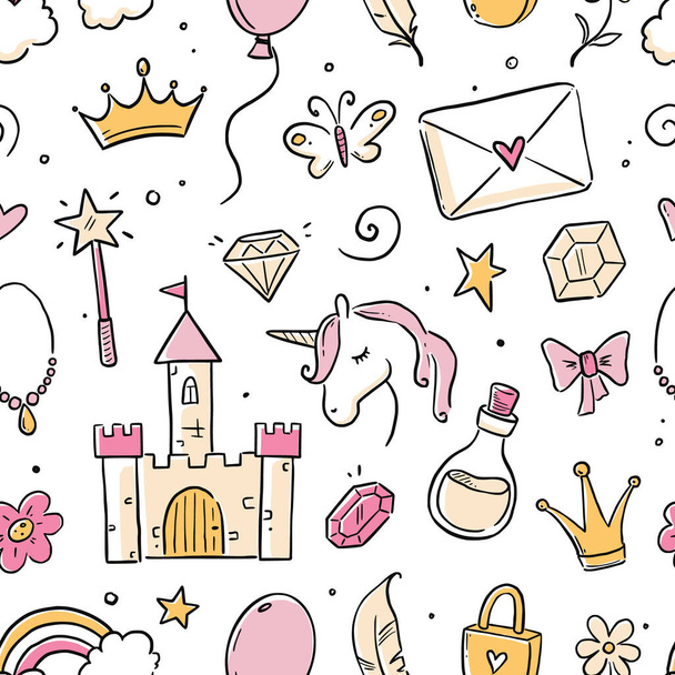 Hand drawn princess doodle seamless pattern. Beauty pattern with cute girl princess accessories, fairy unicorn, castle. Doodle background, wallpaper. Vector illustration. - Vektor, kép