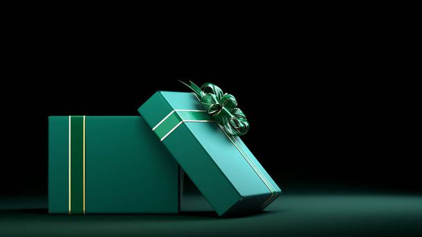 open empty green Gift Boxe whith ribon 3d render on darck background - 写真・画像