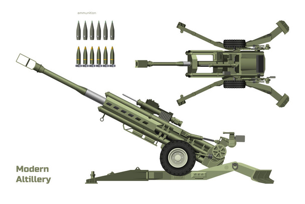 Modern artillery. Isolated 3d cannon. Top, side view of military weapon. Army gun with ammunition. Vector illustration - Vector, afbeelding