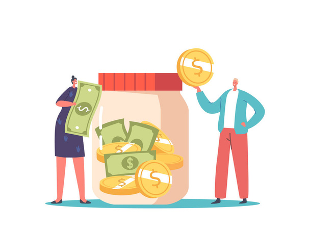 Donation, Volunteers Charity Concept. Tiny Male and Female Characters Throw Coins and Bills into Huge Glass Jar for Donate. People Giving Money, Foundation, Support. Cartoon Vector Illustration - Vektör, Görsel