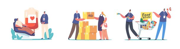 Set of Volunteers, Humanitarian Aid and Help to Poor People Concept. Characters Donate Food, Aid and Blood for Supporting Refugees. Volunteering, Charity, Philanthropy. Cartoon Vector Illustration - Vector, afbeelding