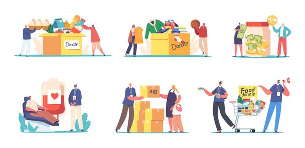 Set Volunteering, Charity, Philanthropy, Humanitarian Aid and Help to Poor People Concept. Characters Donate Food, Clothes, Money and Blood for Supporting Refugees. Cartoon Vector Illustration - Vector, afbeelding