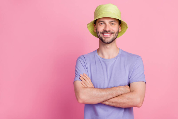 Photo of cool positive good mood boy wear violet outfit clothes trendy sunhat panama stand empty space isolated on pink color background. - Fotografie, Obrázek