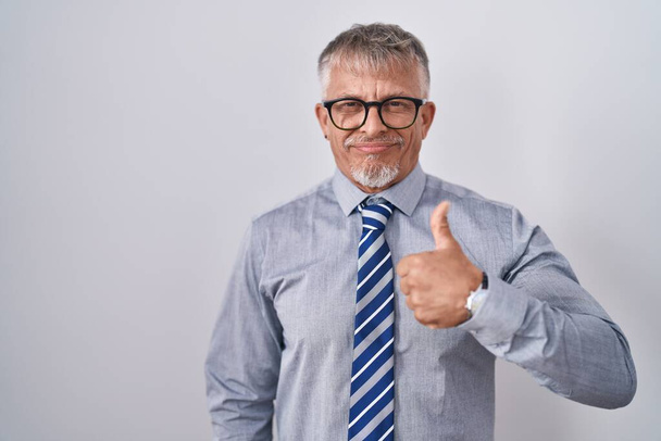 Hombre de negocios hispano con el pelo gris usando gafas haciendo un gesto feliz con la mano. aprobando la expresión mirando a la cámara mostrando éxito.  - Foto, Imagen
