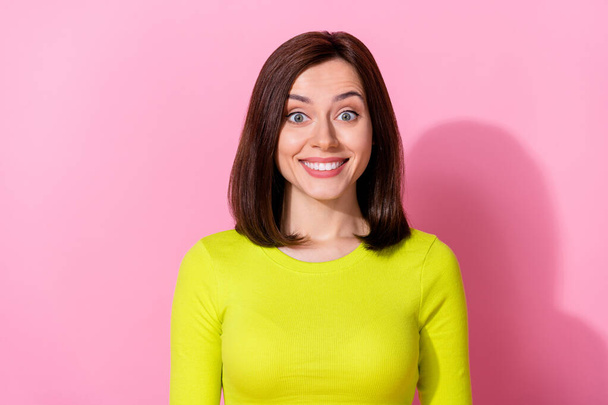 Photo of satisfied glad young person toothy beaming smile look camera isolated on pink color background. - Фото, зображення