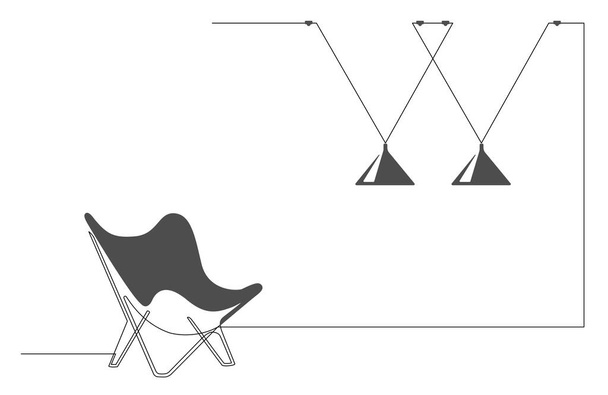 Безперервний інтер'єр однієї лінії з кріслом і лампою. Однорядковий малюнок вітальні з сучасними меблями та абажурами, які можна змінювати. Намалювати контур. Шаблон для прапора. векторний Doodle
 - Вектор, зображення