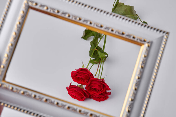 Close up bouquet of red roses behind picture frame. Isolated on white background. - Valokuva, kuva