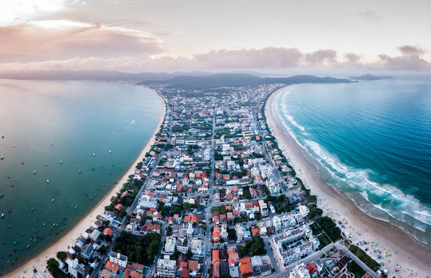 Aerial view of Canto grande and Mariscal beaches in Bombinhas, Brazil - Fotoğraf, Görsel