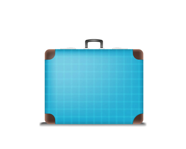 Classic retro suitcase. Isolated briefcase leather blue case with handle on white background. Vintage bag for baggage on vacation and travel. Vector illustration - Vector, Image