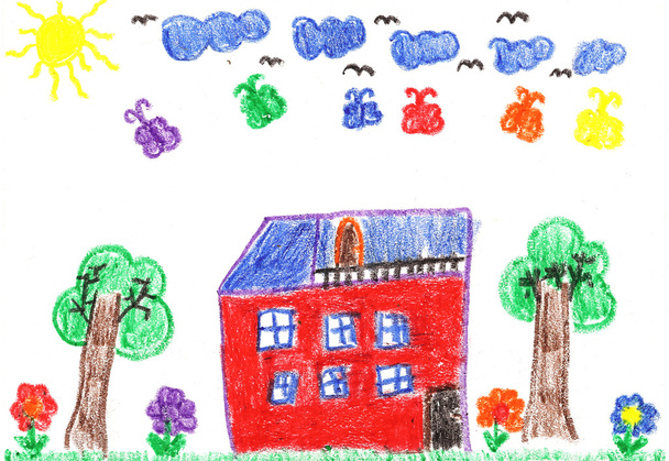 Kindertekening van een huis - Foto, afbeelding
