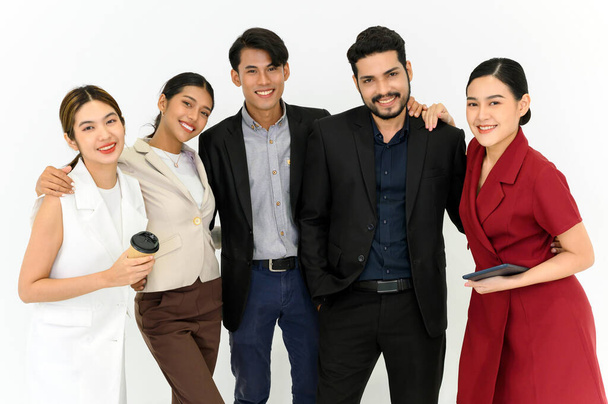 Group portrait of Young Asian Businesspeople standing in a row isolated on white background happy professional team people. looking at camera - Fotó, kép
